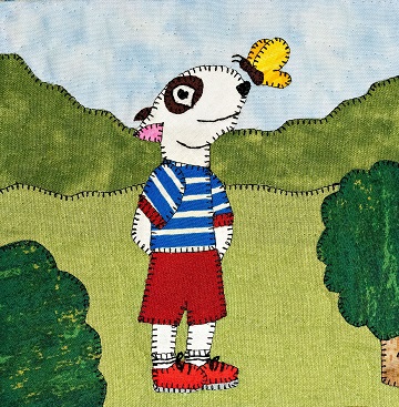 English bull terrier puppy with butterfly applique quilt pattern