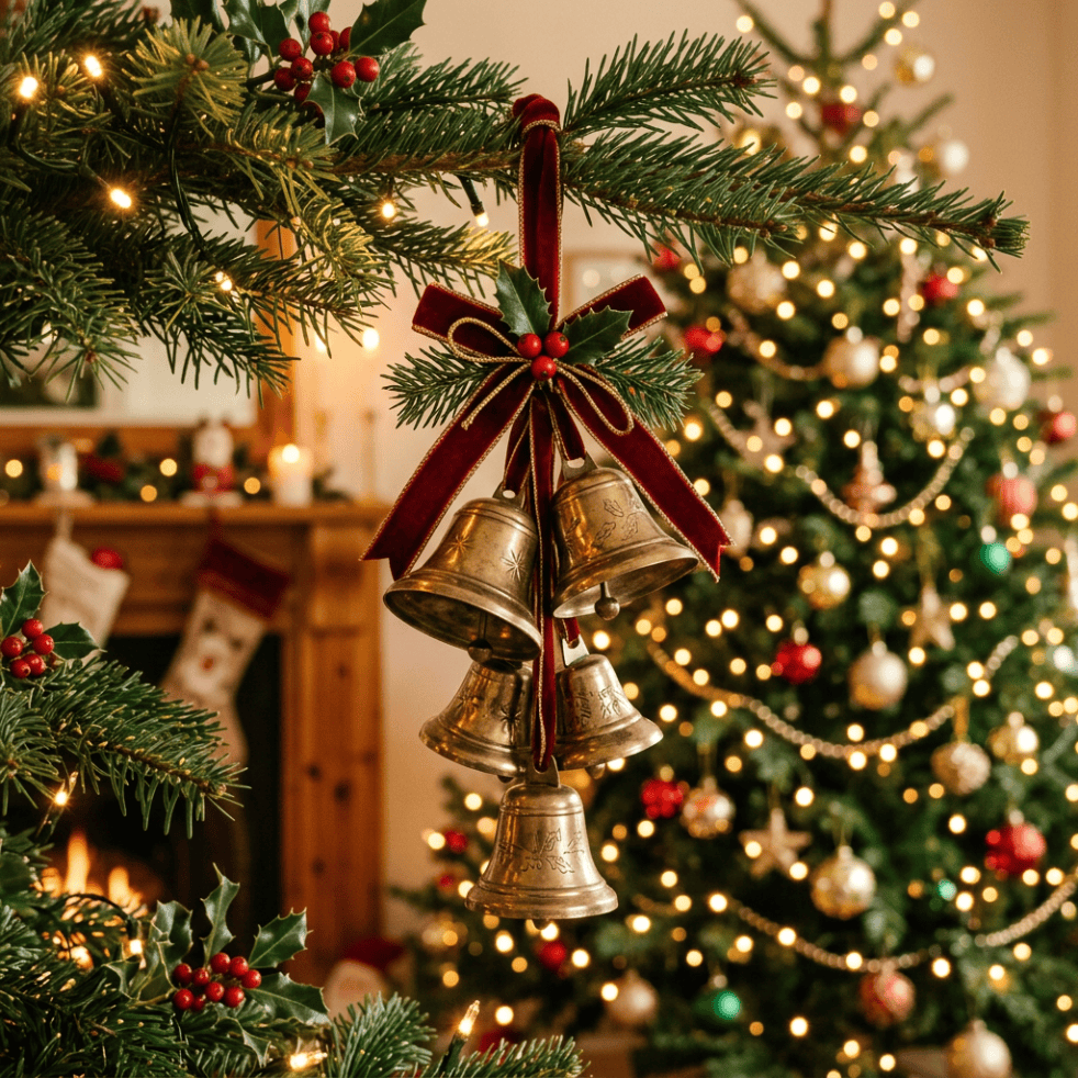 Brass bells with a red bow hanging from evergreen branches beside a decorated Christmas tree